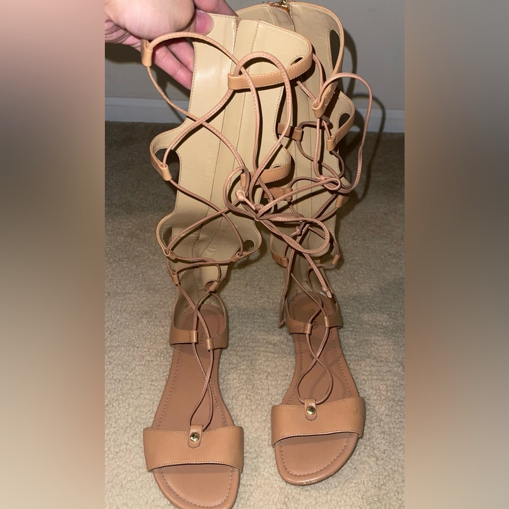 MICHAEL KORS Beige Gladiator Lace-up Knee High Sandals